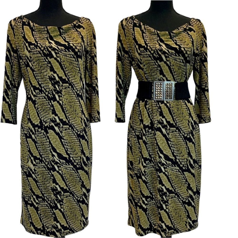 JONES New York green snake print long sleeve midi dress Sz 6 stretchy